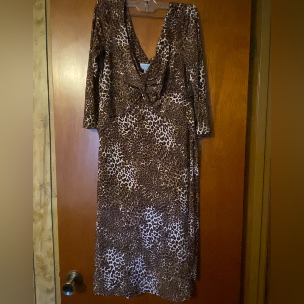Leper print dress. Color is more true on pic with size on it.